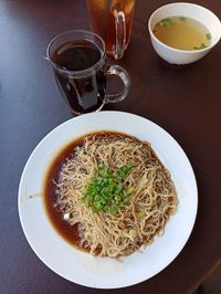 High angle view of meal served on table