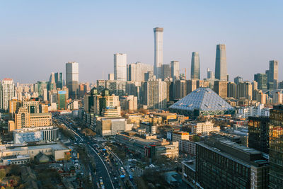 Cityscape against clear sky