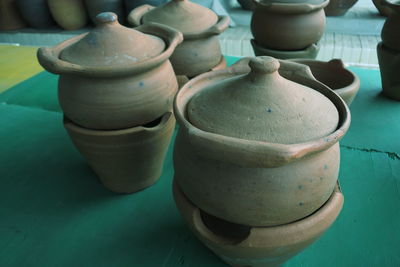Close-up of clay bowls on table