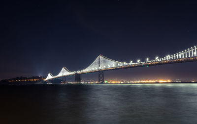 Illuminated suspension bridge over river at night