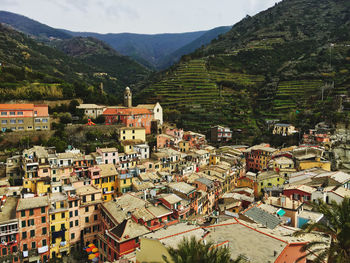 High angle view of houses and buildings in city