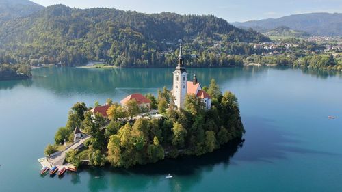 High angle view of lake by trees