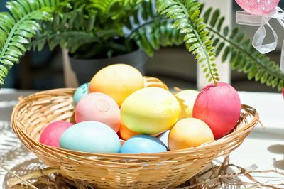 Close-up of multi colored eggs in basket