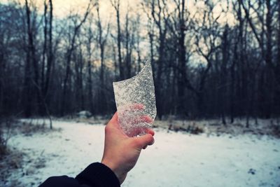Man holding broken piece of glass in snowy forest