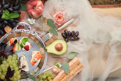 High angle view of meal served on table