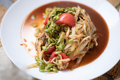 High angle view of salad served in plate on table