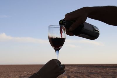 Midsection of person pouring wine in glass against sky