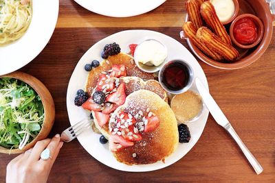 High angle view of breakfast served on table