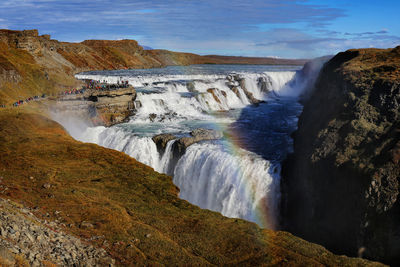 High angle view of waterfall against sky