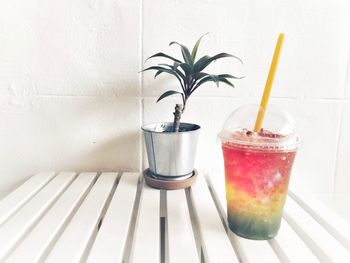 Colorful cold drink by potted plant on table against wall