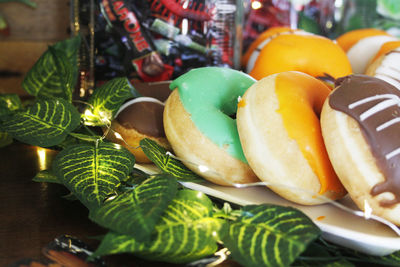 High angle view of fruits in plate on table