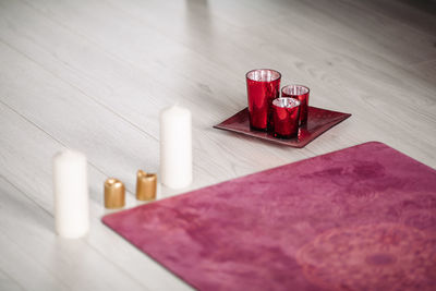 High angle view of red wine on table