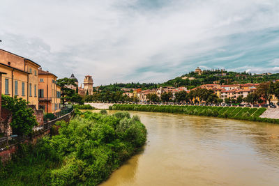 Buildings by river against sky