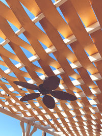 Low angle view of patterned roof against sky