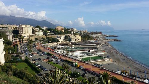 View of townscape with sea in background