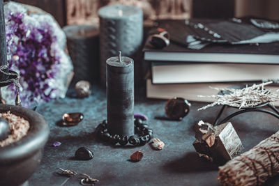 High angle view of various objects on table