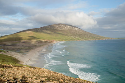 Scenic view of sea and mountains against sky