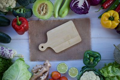 High angle view of chopped vegetables on cutting board