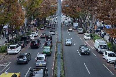 High angle view of traffic on road in omotesando, tokyo