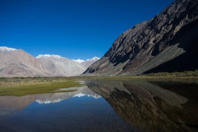 Scenic view of lake and mountains against clear blue sky