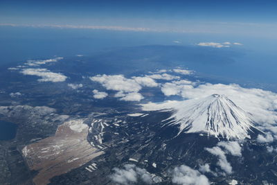 Aerial view of snowcapped mountains against sky