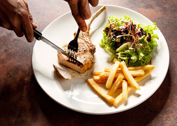 High angle view of food served in plate