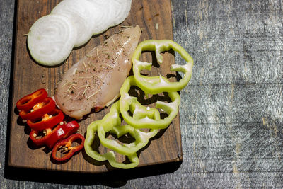 High angle view of chopped vegetables on table