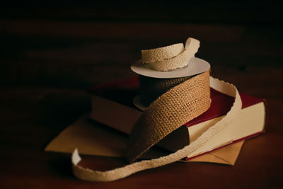High angle view of hat on table