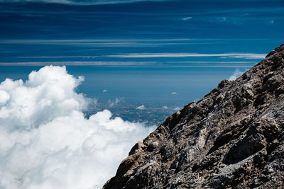 Scenic view of sea and mountains against blue sky