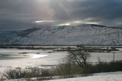 Scenic view of snowcapped mountains against sky during winter