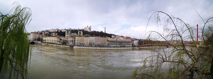 Buildings against cloudy sky