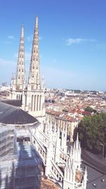High angle view of buildings against sky