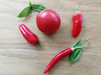 High angle view of chili peppers on table
