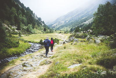 Rear view of people walking on field against mountain