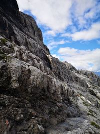 Low angle view of rocky mountains against sky