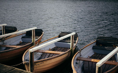 High angle view of boats moored on sea