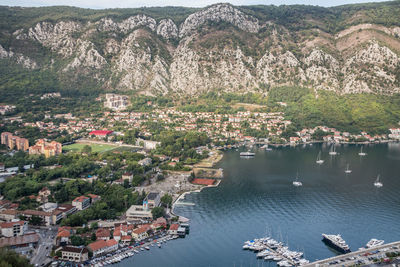 High angle view of city at riverbank