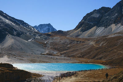 Scenic view of snowcapped mountains against clear blue sky