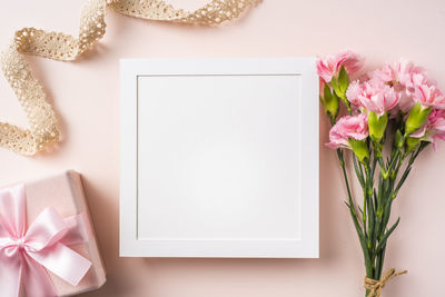 High angle view of pink flowers on table
