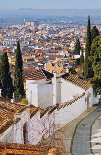 High angle view of buildings in city