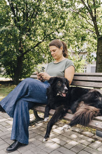 Mature woman with australian shepherd using smart phone on bench in park