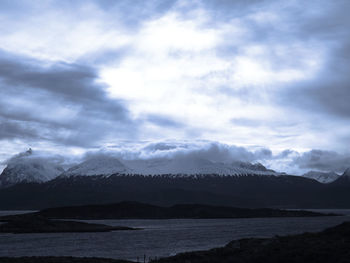 Scenic view of mountains against cloudy sky