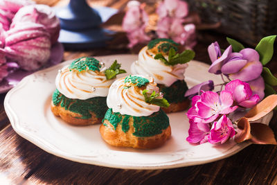 Close-up of cake served on table