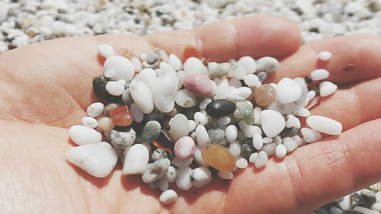 person, part of, holding, human finger, cropped, personal perspective, close-up, lifestyles, beach, seashell, palm, large group of objects, pebble, variation, focus on foreground, group of objects, day, abundance, vacations, collection