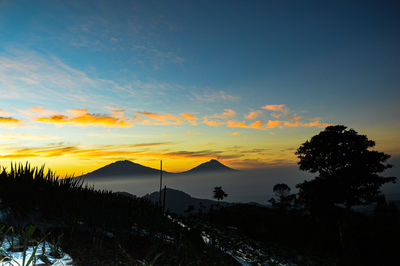 Scenic view of silhouette mountains against sky at sunset