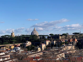 High angle view of townscape against sky in city