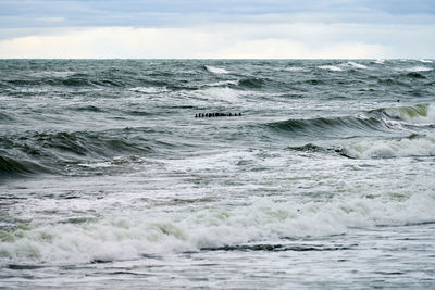 Scenic view of blue sea with bubbling and foaming waves. vintage long wooden breakwaters in sea