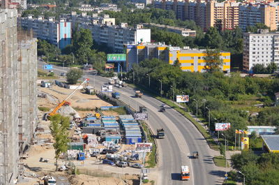 High angle view of traffic on road in city