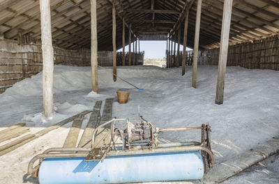 Salt and salt making equipment in the salt warehouse in phetchaburi, thailand