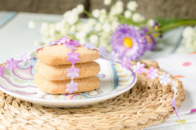 Close-up of cake served on table